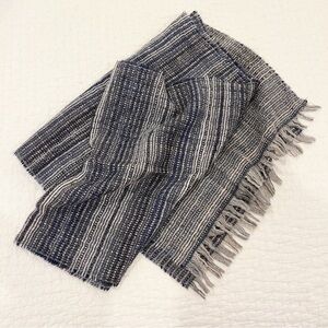 Wool Blend Scarf 80x19 in Blue Beige Plaid Knit Fringe Long Unisex Made in Italy